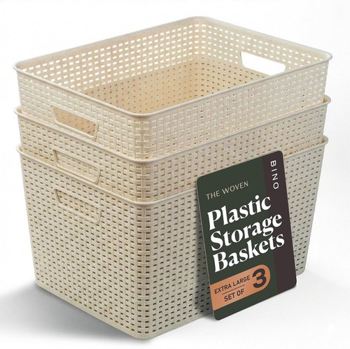 BINO Plastic Storage Baskets - 33 Liter | 3 Pack Natural Woven Baskets for Organizing Shelves