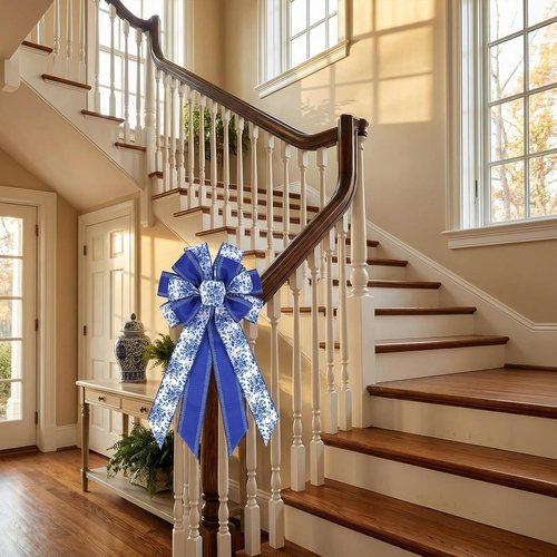 Chinoiserie Blue Wreath Bow - 21 Inch Large Floral Wired Ribbon for Spring Door Decor | Wedding Lantern Accent