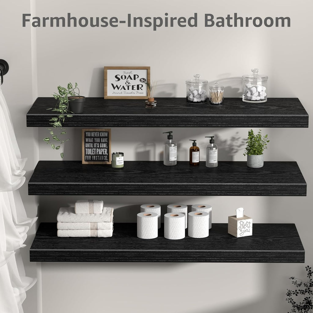 QEEIG 12" Deep Floating Shelves - Set of 3 Black Wall-Mounted Bookshelves for Bathroom, Bedroom & Kitchen