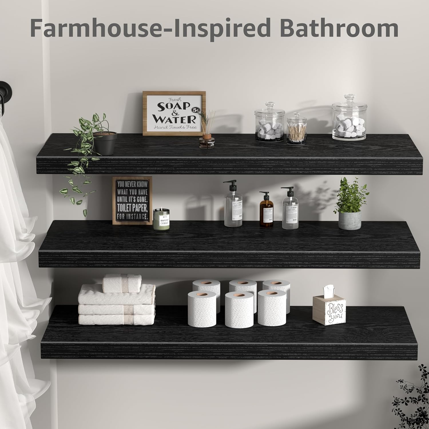QEEIG 12" Deep Floating Shelves - Set of 3 Black Wall-Mounted Bookshelves for Bathroom, Bedroom & Kitchen