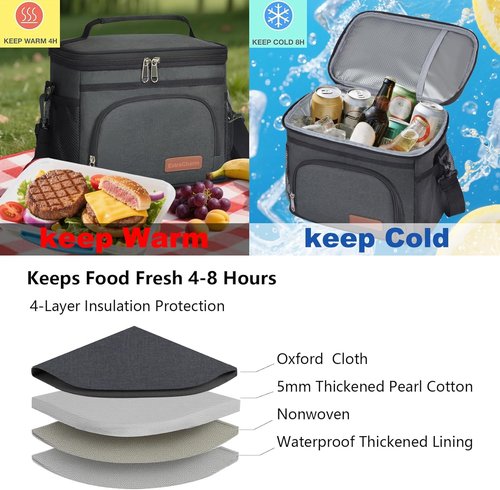 ExtraCharm Insulated Lunch Bag - Leakproof Cooler Tote for Office, Picnic & Hiking | Adjustable Strap - Black