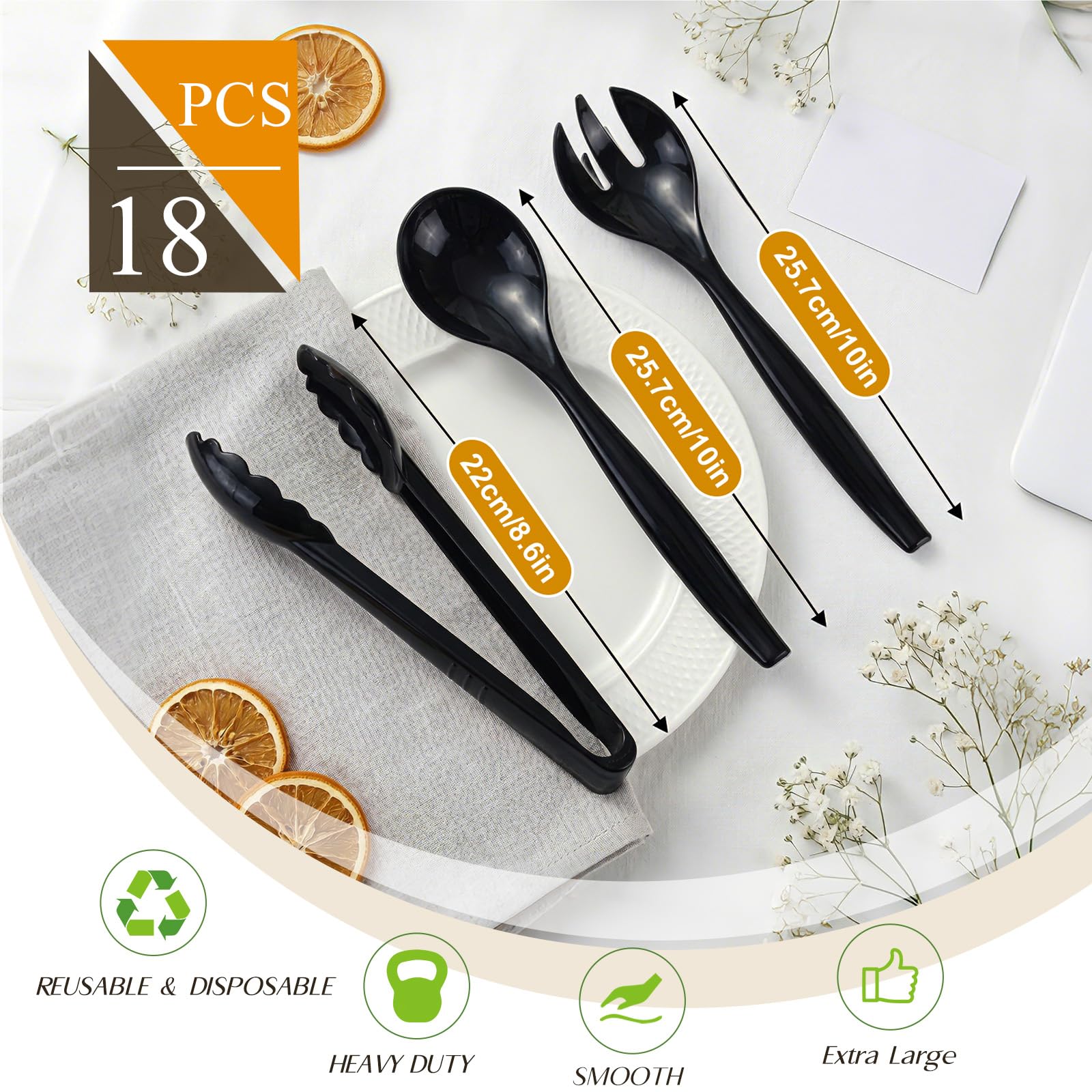 Mwellewm 18Pcs Serving Utensils, 10'' Plastic Serving Utensils Set, Disposable Serving Spoons for Buffet, Large Serving Tongs for Food, Heavy Duty Party Supplies for Salad Soup Cooking Catering(Black)
