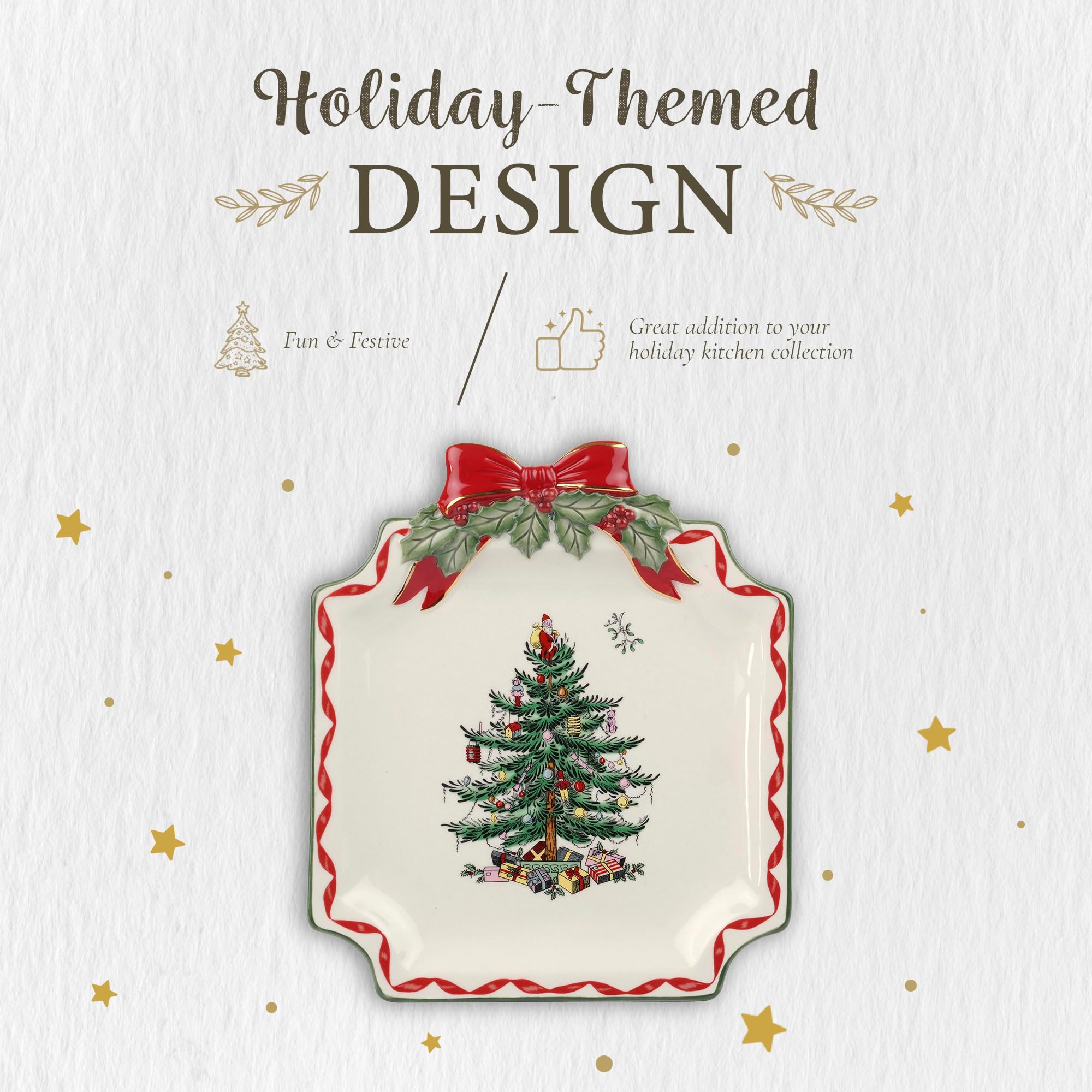 Spode Christmas Tree Ribbons Square Platter with Bow Handles - 11-Inch Holiday Serving Plate for Desserts, Appetizers, & Treats - Festive Christmas Dinnerware with Gold Accents - Dishwasher Safe