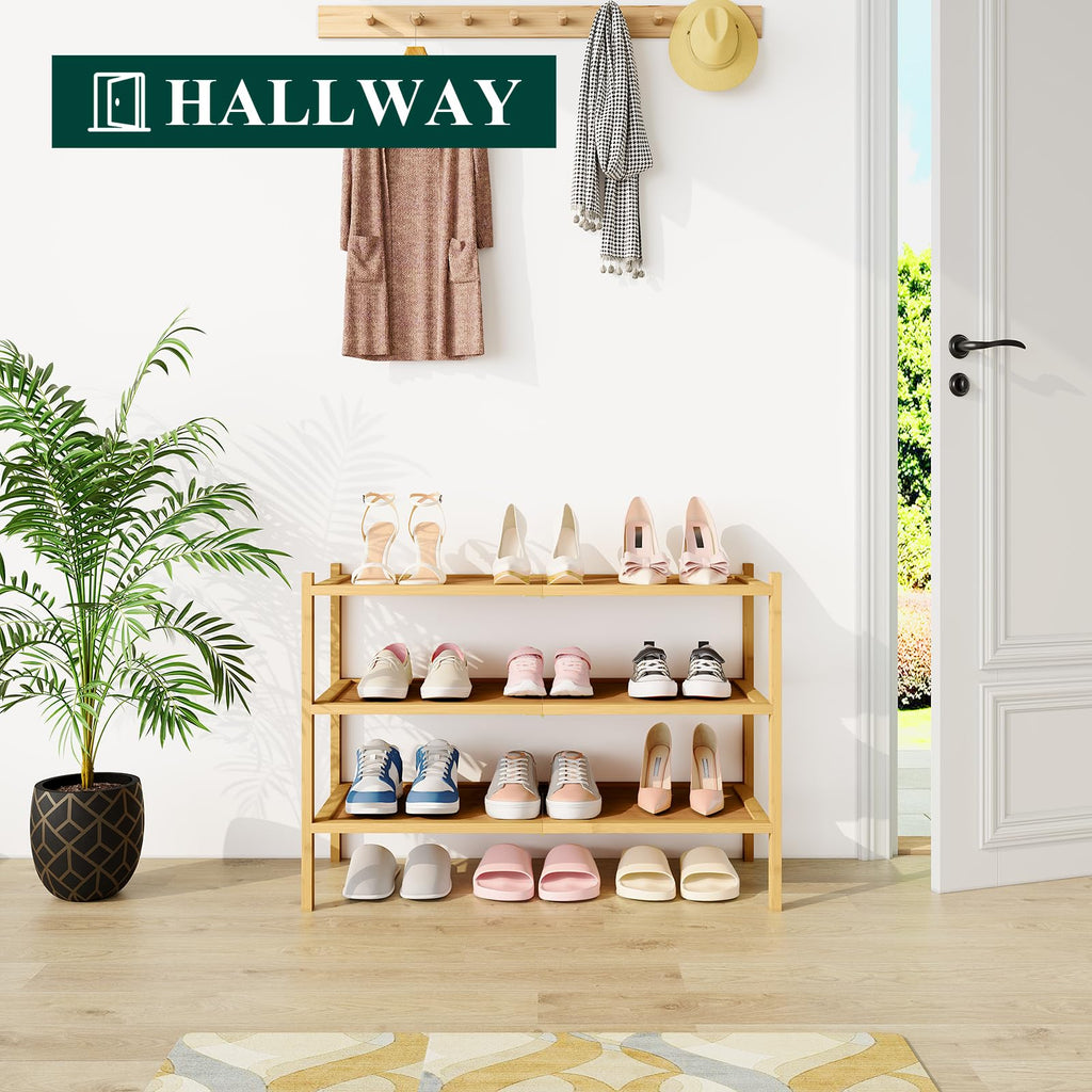 Smiry Bamboo Shoe Rack, 3 Tier Shoe Organizer for Entryway & Closet, Stackable Free Standing Storage Shelf for Shoes, Bags & Plants, Natural