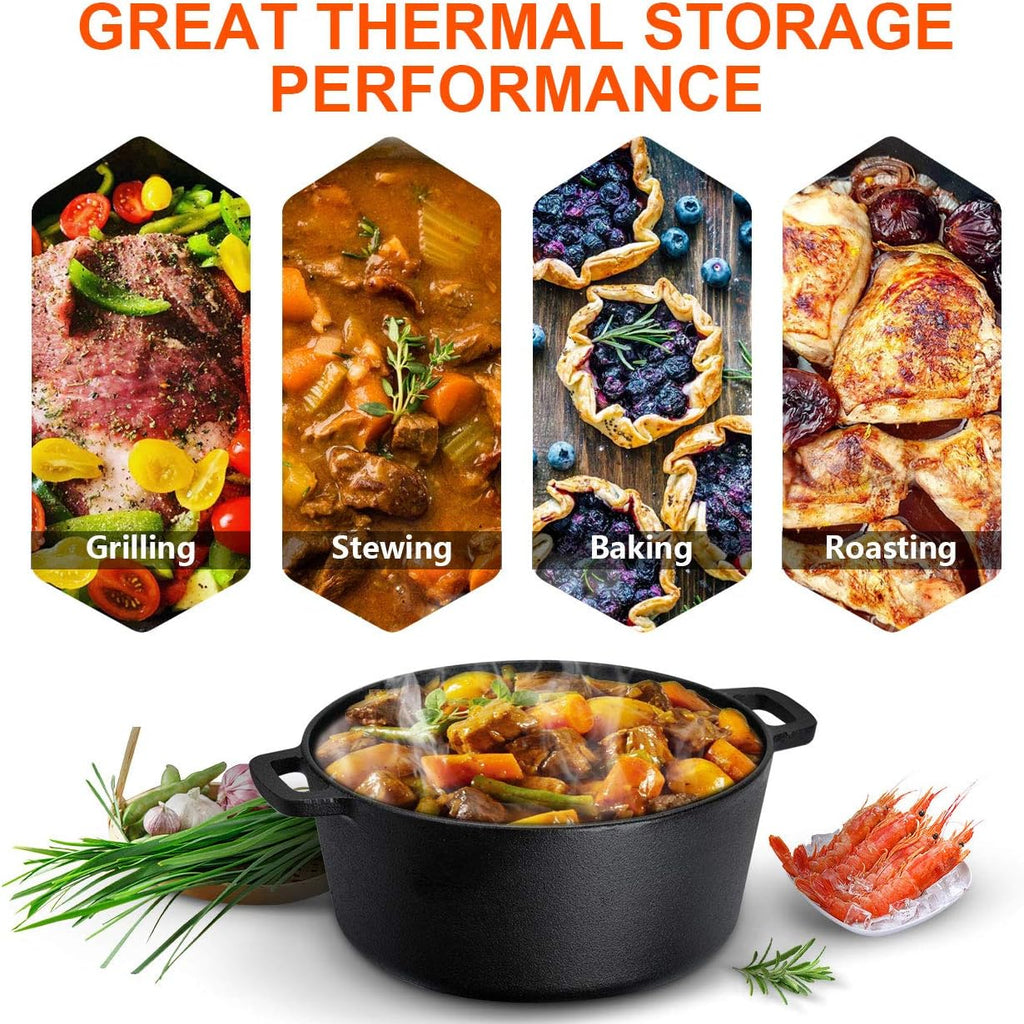 Overmont 5QT Pre-Seasoned Cast Iron Dutch Oven - Versatile All-in-One Casserole & Skillet with Cookbook