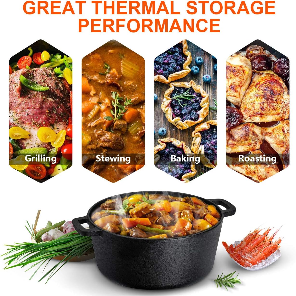 Overmont 5QT Pre-Seasoned Cast Iron Dutch Oven - Versatile All-in-One Casserole & Skillet with Cookbook