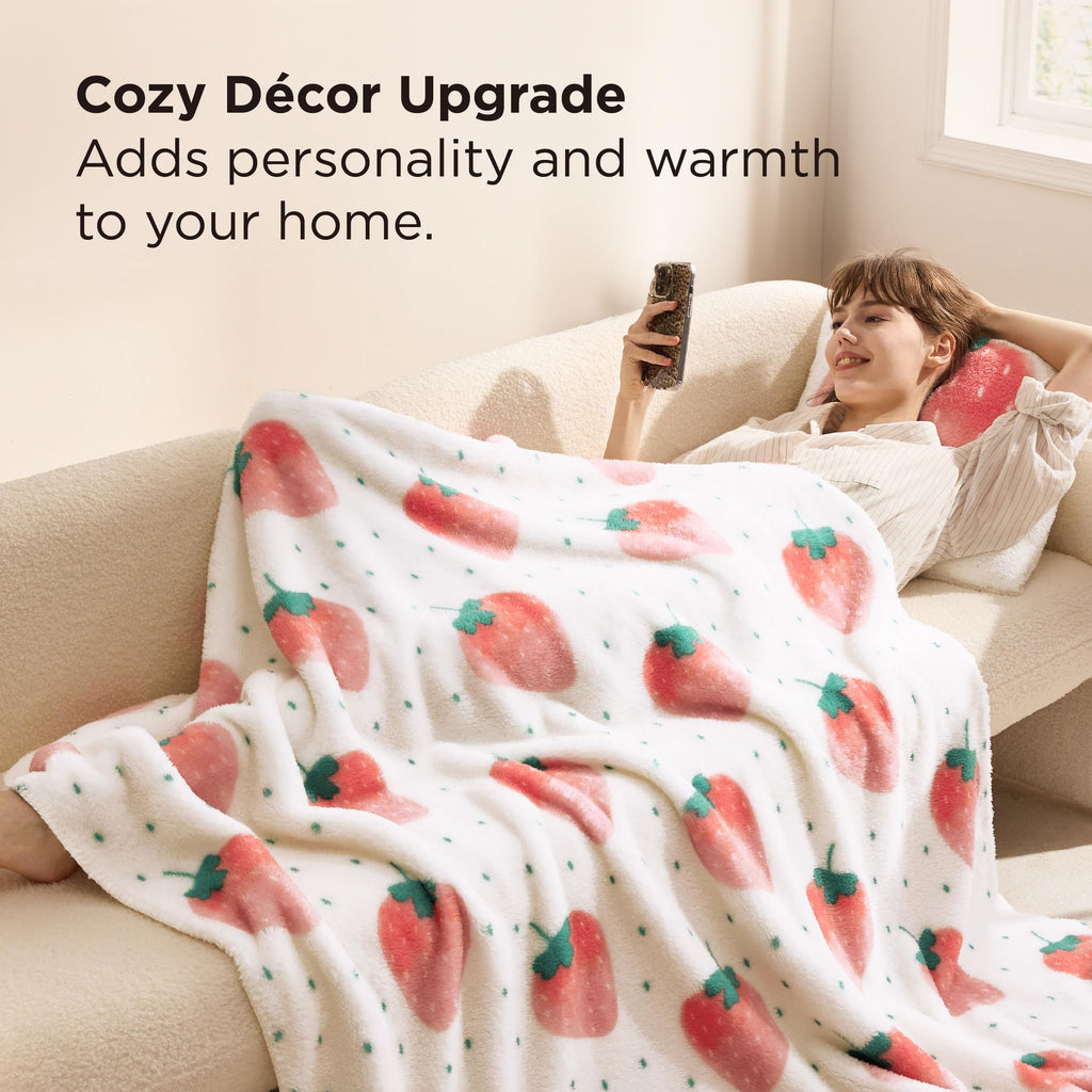 Bedsure Cute Strawberry Decor Throw Blanket Pink for Kids - Soft Fleece Throw Home Decor for Girls Women Teens as Birthday, GentleSoft Cozy Fruit Pattern Blankets for Couch Bed, 50x60