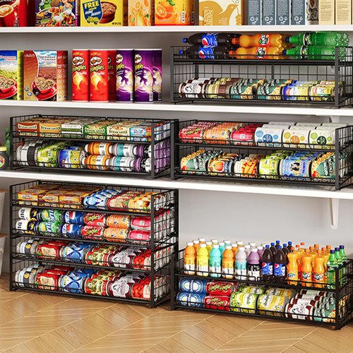 2-Pack Stackable Can Organizer for Pantry Shelf, Adjustable Extra-Long Rolling Can Rack for Kitchen Cupboard Storage, Sturdy Standing Can Holder for Canned Food Goods Soda up to 128, 2 Tier, Black