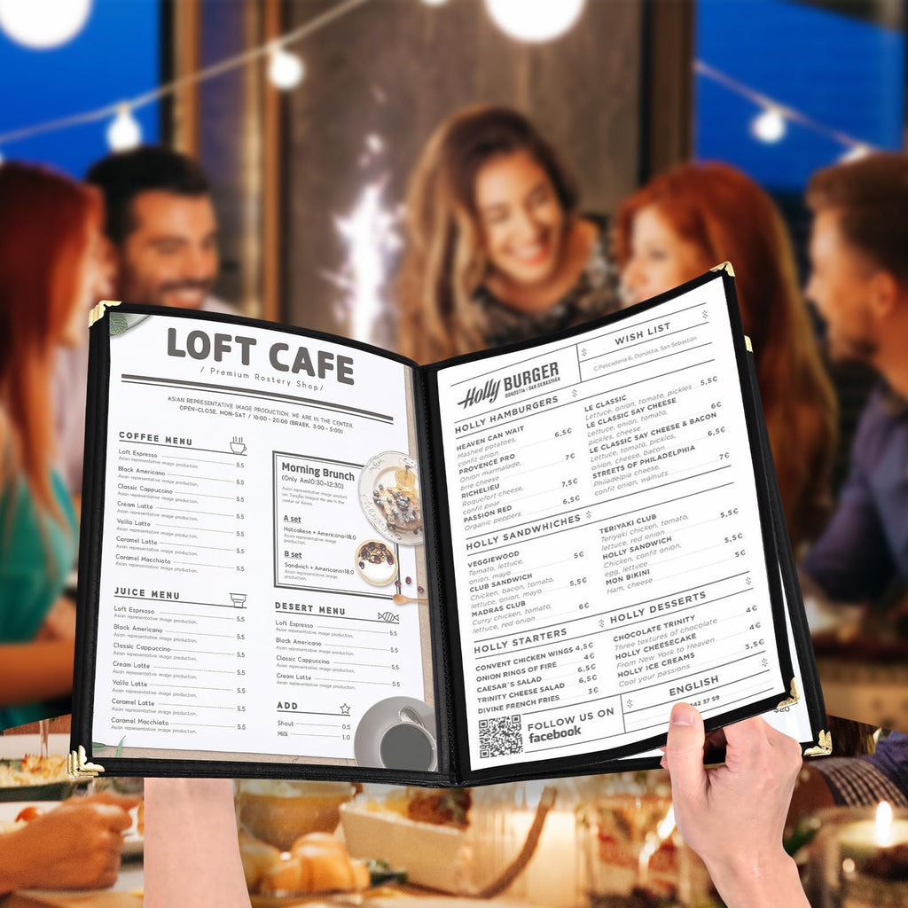 10 Pack Menu Covers 6 Page 12 View, 8.26 x 11.69 Inches Transparent Restaurant Recipe Menu Covers Menu Holder with Leatherette Trim & Metal Corners for Bar Cafe Restaurant