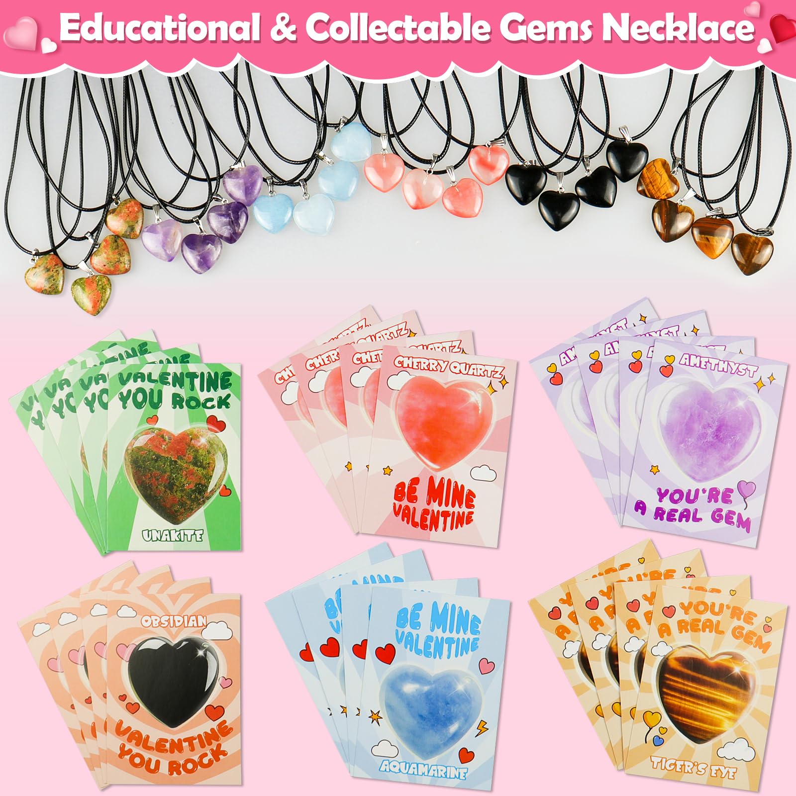 Arfun Valentines Day Cards Gifts for Kids School, 24 Pack Heart Gem Necklaces Valentines Goodie Bags for Classroom, Valentine Exchange Party Favors Rock Crystal Stone Pendants for Girls Boys Class