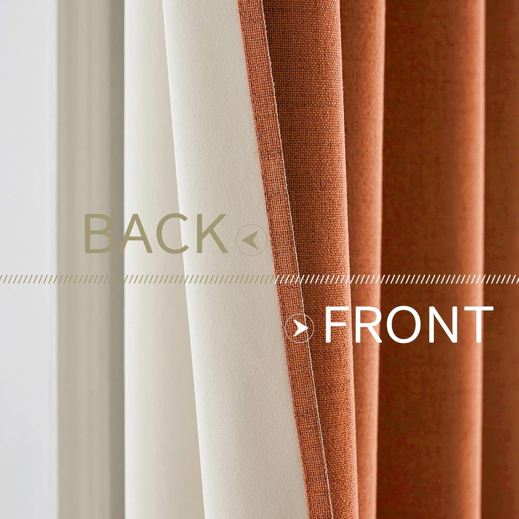 MIULEE Blackout Linen Curtains - 100% Thermal Insulated Grommet Drapes | Orange, 52 x 90 Inch (2 Panels)