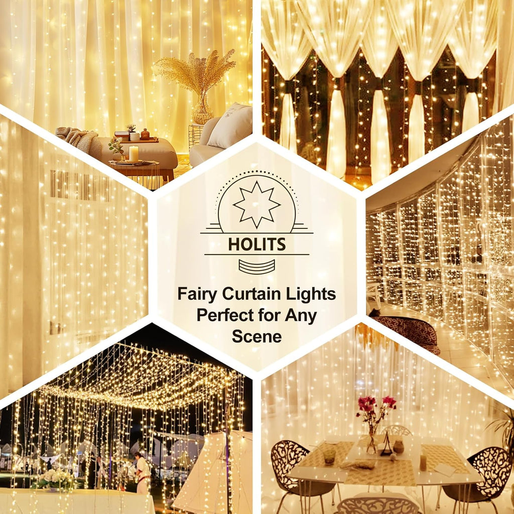 Skiennix 200 LED Fairy Curtain Lights - 6.6 x 6.6 FT Warm White USB Plug with Remote | 8 Modes for Indoor & Outdoor Decor