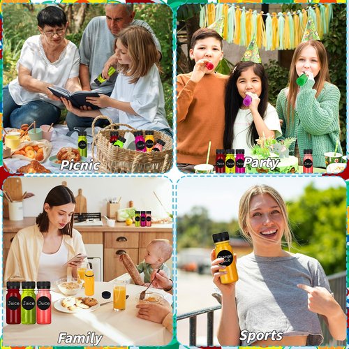 UZLU 165 Pcs 2 oz Small Plastic Juice Bottles with Black Caps Mini Clear Ginger Shot Containers with Tamper Proof Lids Reusable Travel Bottles with Funnels Labels for Juice Milk Water Other Beverages