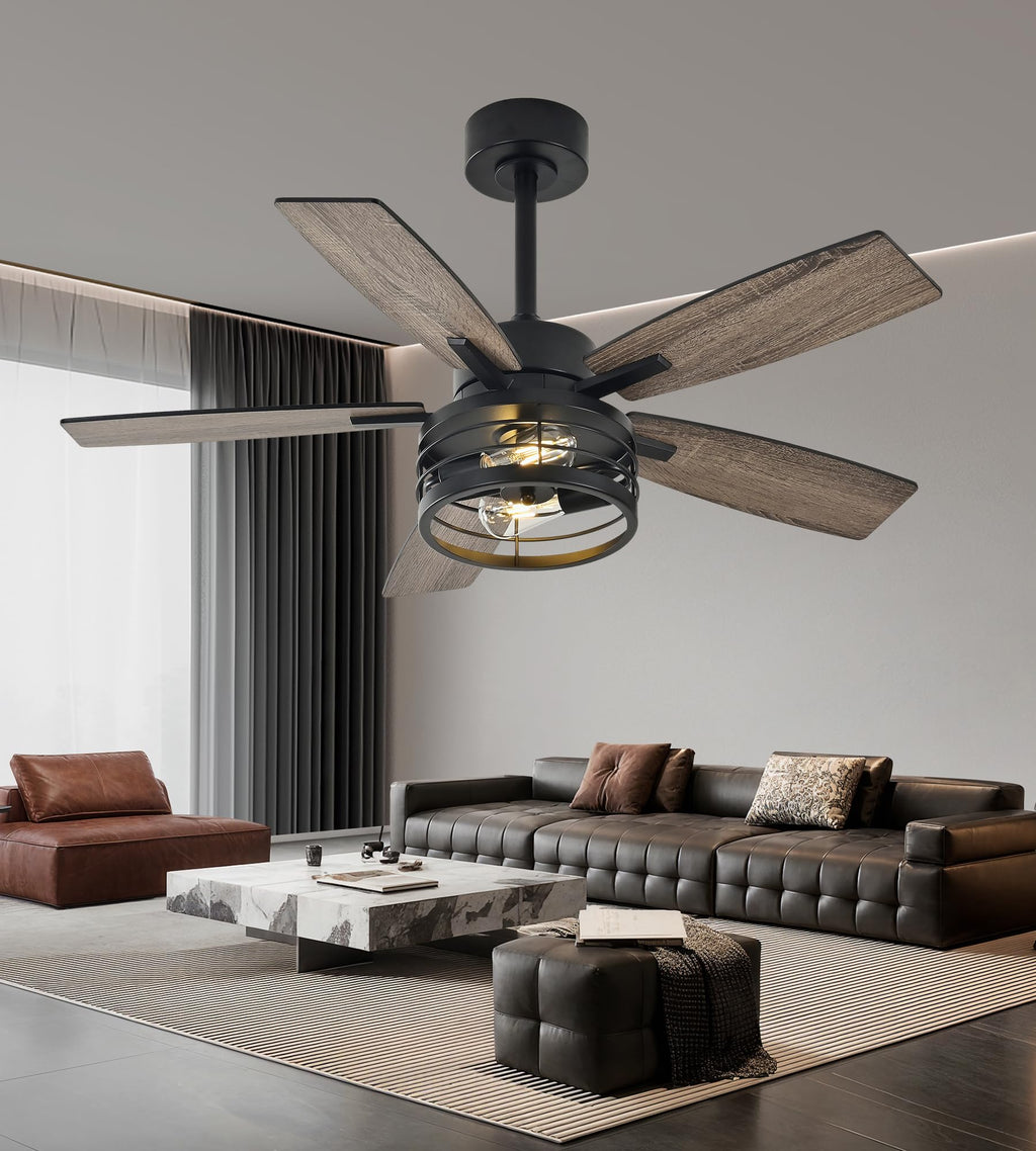 TAVZAKE 42 inch Ceiling Fans with Lights, Low Profile Ceiling Fan with Remote Control, 6 Speeds DC Reversible, 5 Blades, Classic Ceiling Fans for Living Room and Garage