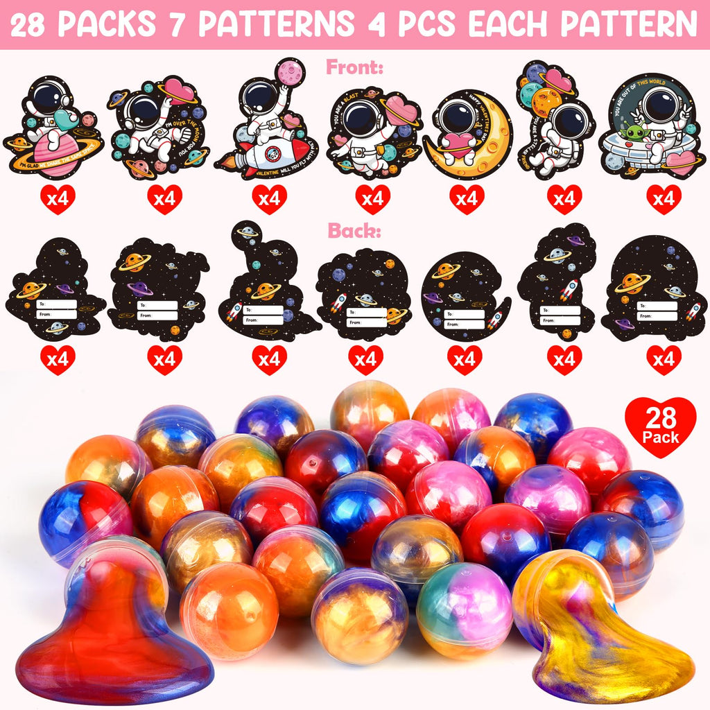 SURCVIO 28 Pack Valentines Day Gifts for Kids, Galaxy Slime with Greeting Cards Stress Relief Fidget Set for Kids, Valentine's Day School Prize Party Favor, Classroom Exchange Gift Set