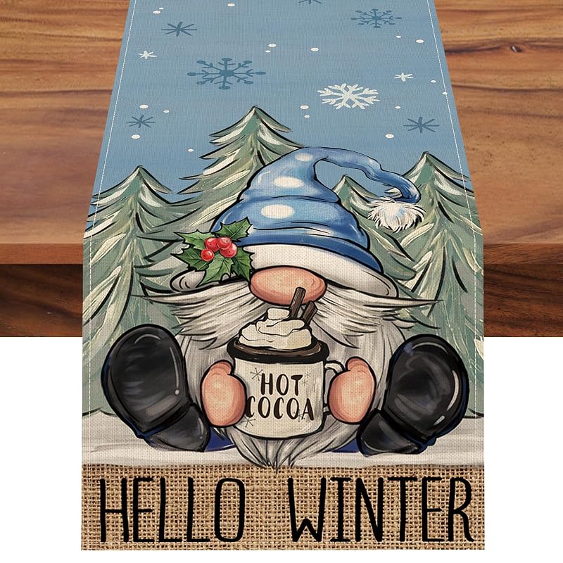 Winter Blue Gnome Table Runner 13" x 90" – Pine Tree Snowflake Hot Cocoa – Variation: Winter Blue Gnome+Table Runner