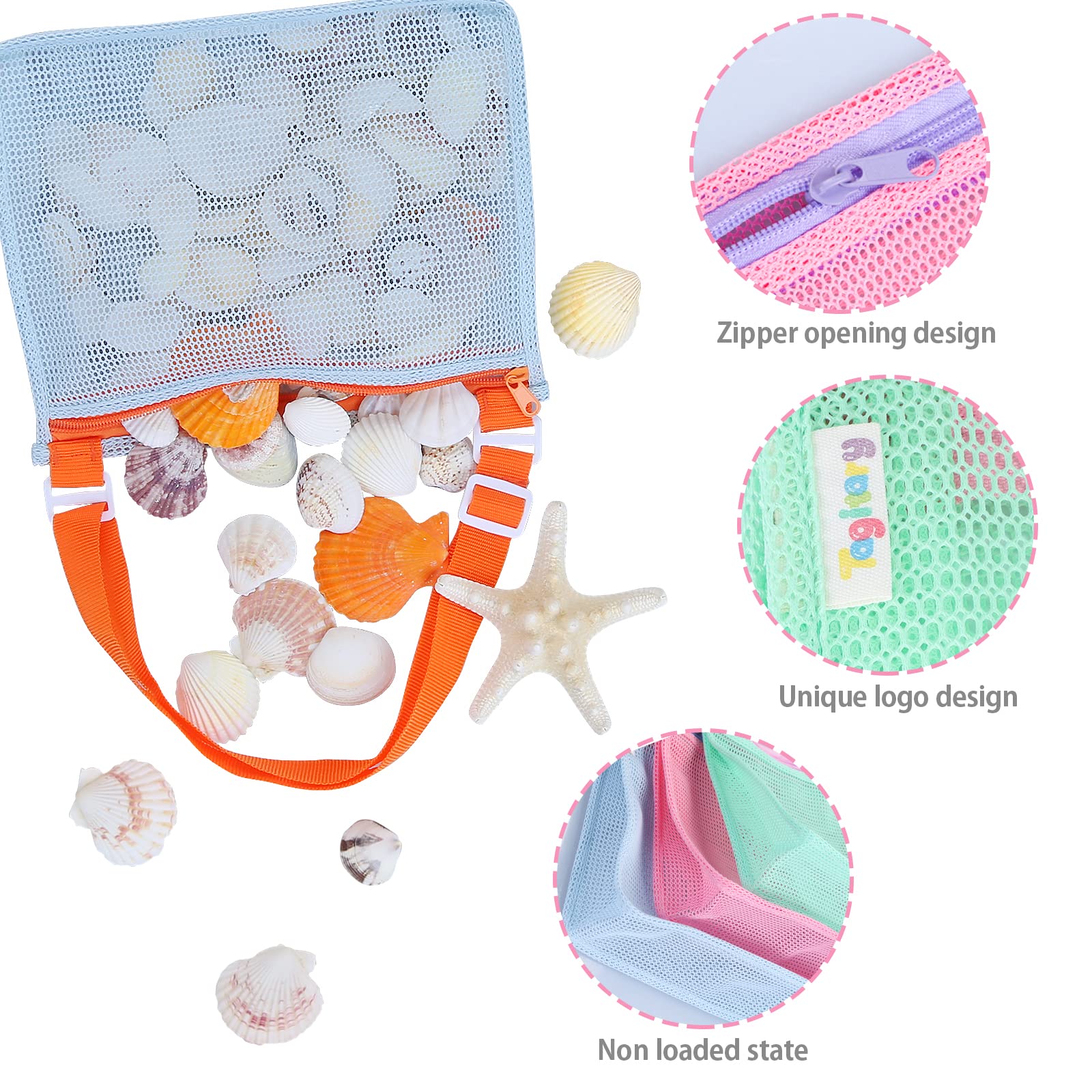 Tagitary Beach Toy Mesh Beach Bag Kids Shell Collecting Bag Beach Sand Toy Seashell Bags Swimming Accessories for Boys and Girls(Only Bags,A Set of 3)