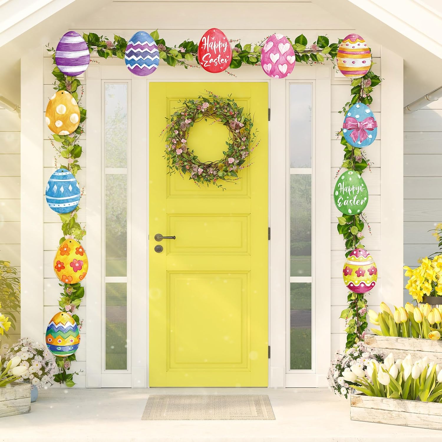 Skiennix 12 Pcs Large Outdoor Easter Egg Decorations - Colorful Double-Sided Hanging Ornaments for Lawn & Porch