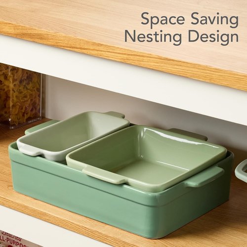 Best Choice Products 3-Piece Ceramic Bakeware Set - Stoneware Casserole & Baking Dishes | Sage Green, 9x12, 8x8, Loaf Pan