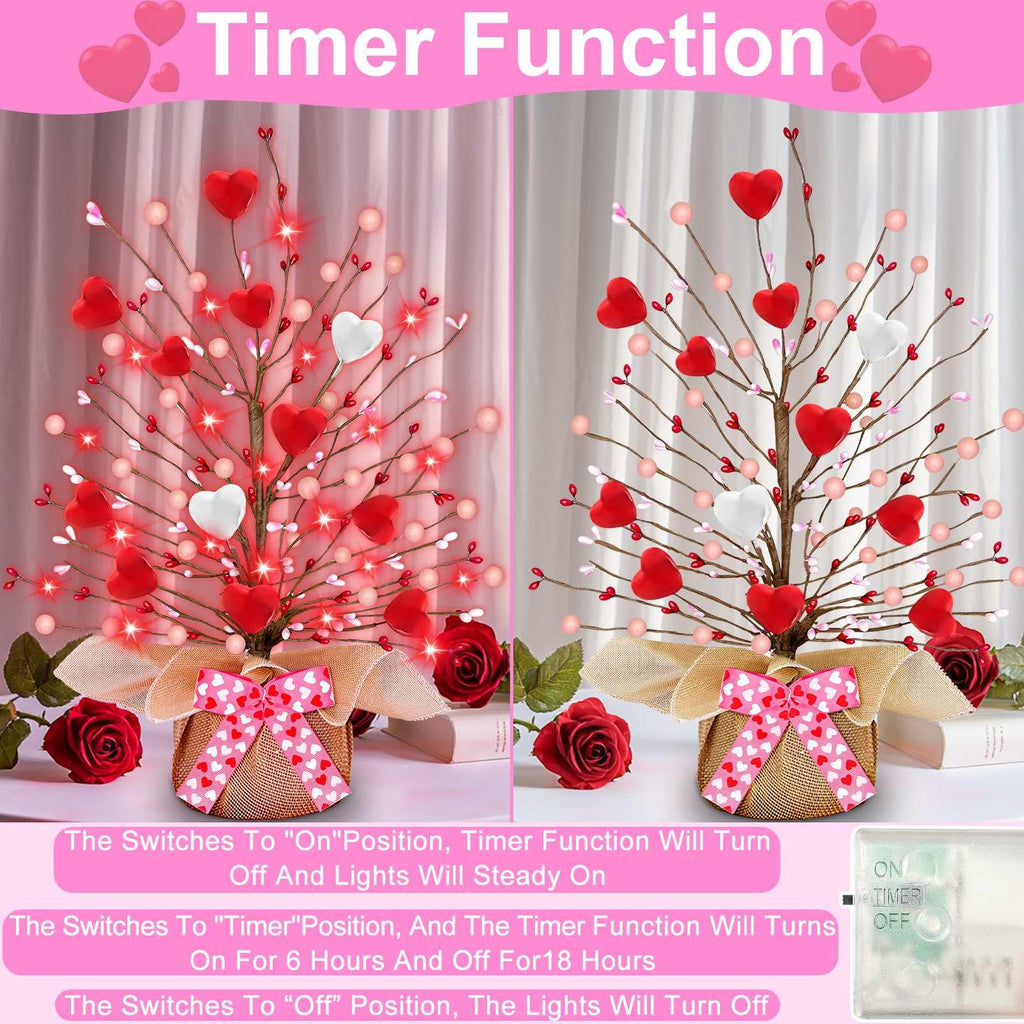 Valentines Day Decorations,Timer Lighted Valentine's Day Tree Tabletop with 20 Red Lights Battery Operated 16 Inch 12 Heart 48 Pink Berries Artificial Tree Valentine's Day Decor Home Party Wedding