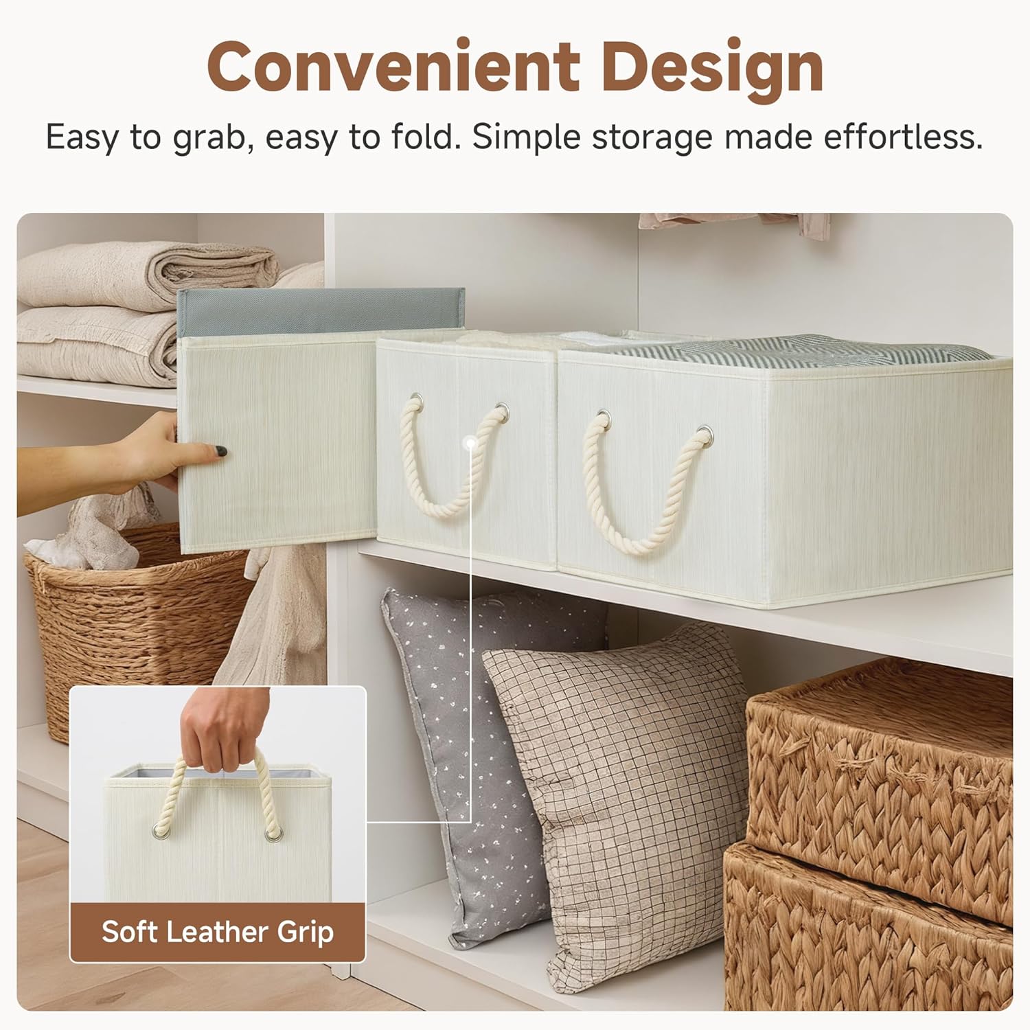 StorageWorks Storage Baskets - Foldable Fabric Organizers for Closet & Shelf | Large 3-Pack in Beige, White & Ivory