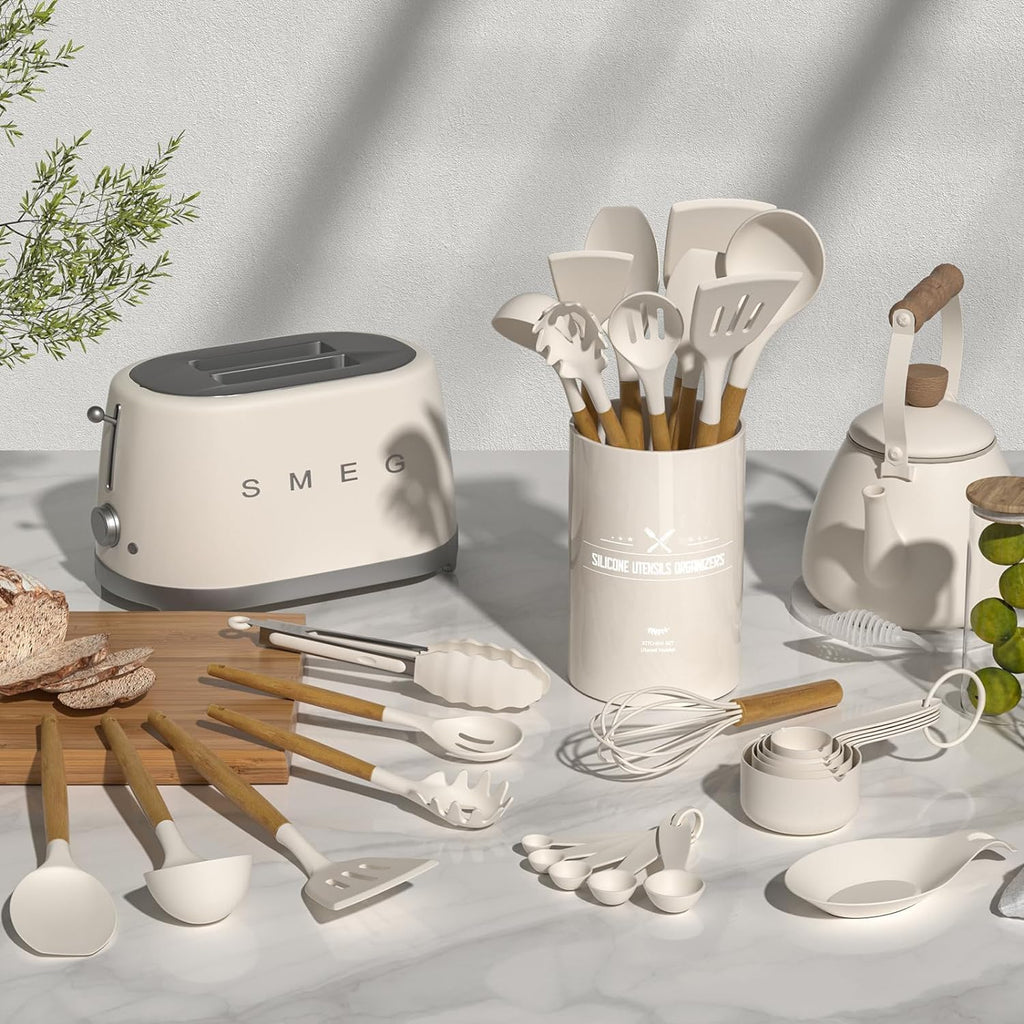 Umite Chef 33-Piece Non-Stick Silicone Cooking Utensils Set - Wooden Handle & Holder (Khaki)
