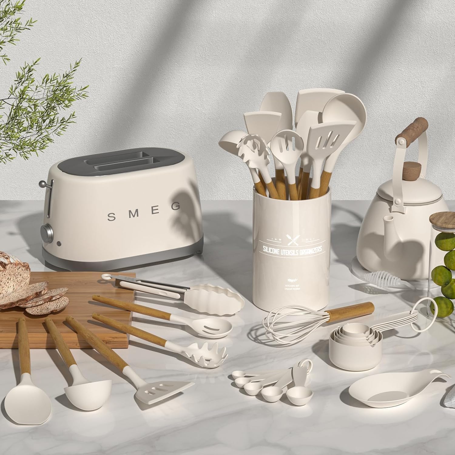 Umite Chef 33-Piece Non-Stick Silicone Cooking Utensils Set - Wooden Handle & Holder (Khaki)