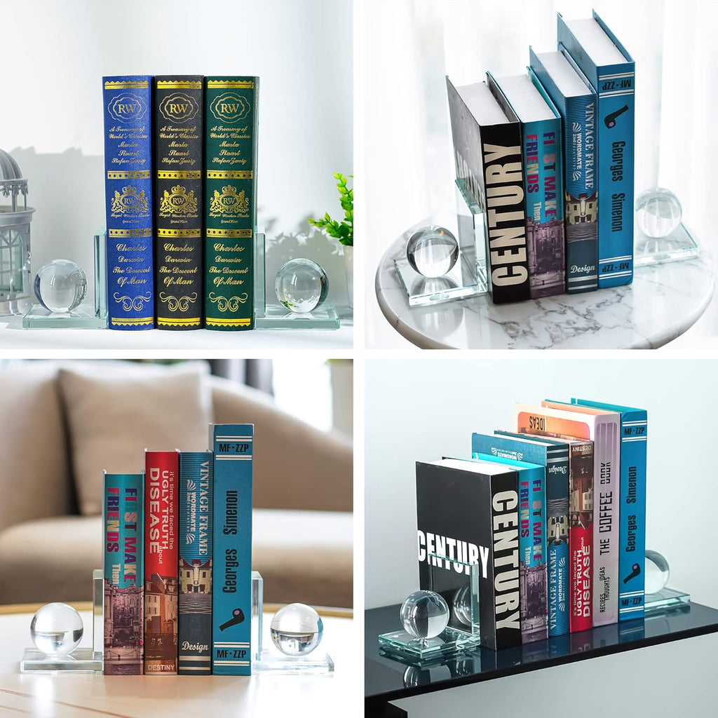 Skiennix Crystal Bookends - L-Shape Non-Skid Heavy-Duty Book Holders | Clear 4-Inch Decorative Ornaments
