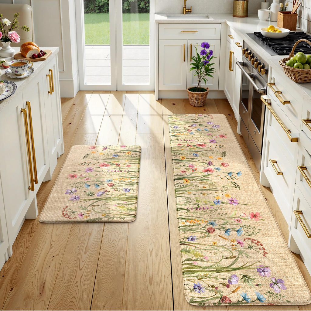 KIMODE Kitchen Anti Fatigue Mats, Farmhouse Flower Kitchen Rugs Sets of 2, Memory Foam Kitchen Mats for Floor, Waterproof Non Skid Standing Mats for Sink Laundry Office Desk Brown 20"x71"+20"x32"