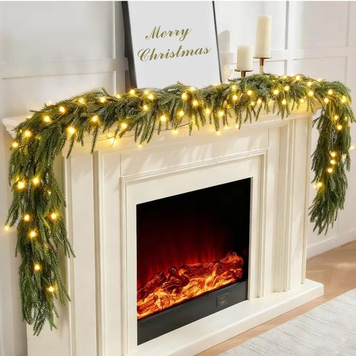 9FT Christmas Garlands Norfolk Pine Garland, Real Touch Artificial Winter Pine Garlands, Green Artificial Greenery Garland for Table, Wall, Mantle, Indoor, Outdoor Christmas Decorations