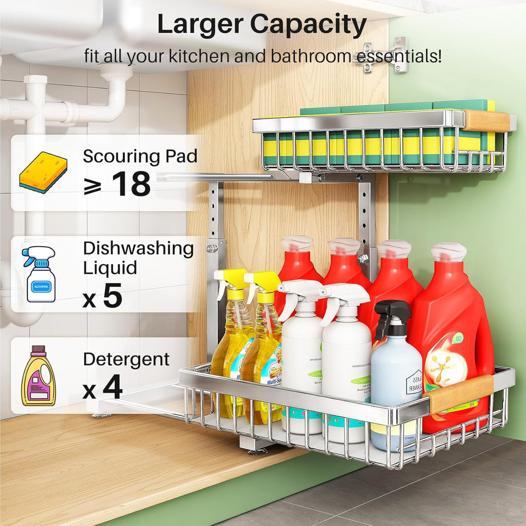 Under Sink Organizer by [Brand Name] - Stainless Steel 2-Tier Storage Solution | Pull-Out Cabinet Shelf