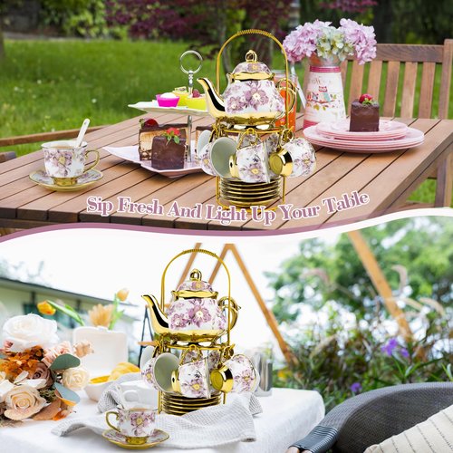 Hebaogugu 20 Pcs Porcelain Tea Set with Metal Holder, European Ceramic Tea Set for Adults, Adult Tea Set Gift, Flower Tea Cup Saucer Set for Party With Gold Flower Painting (Elegant Purple/500ml)