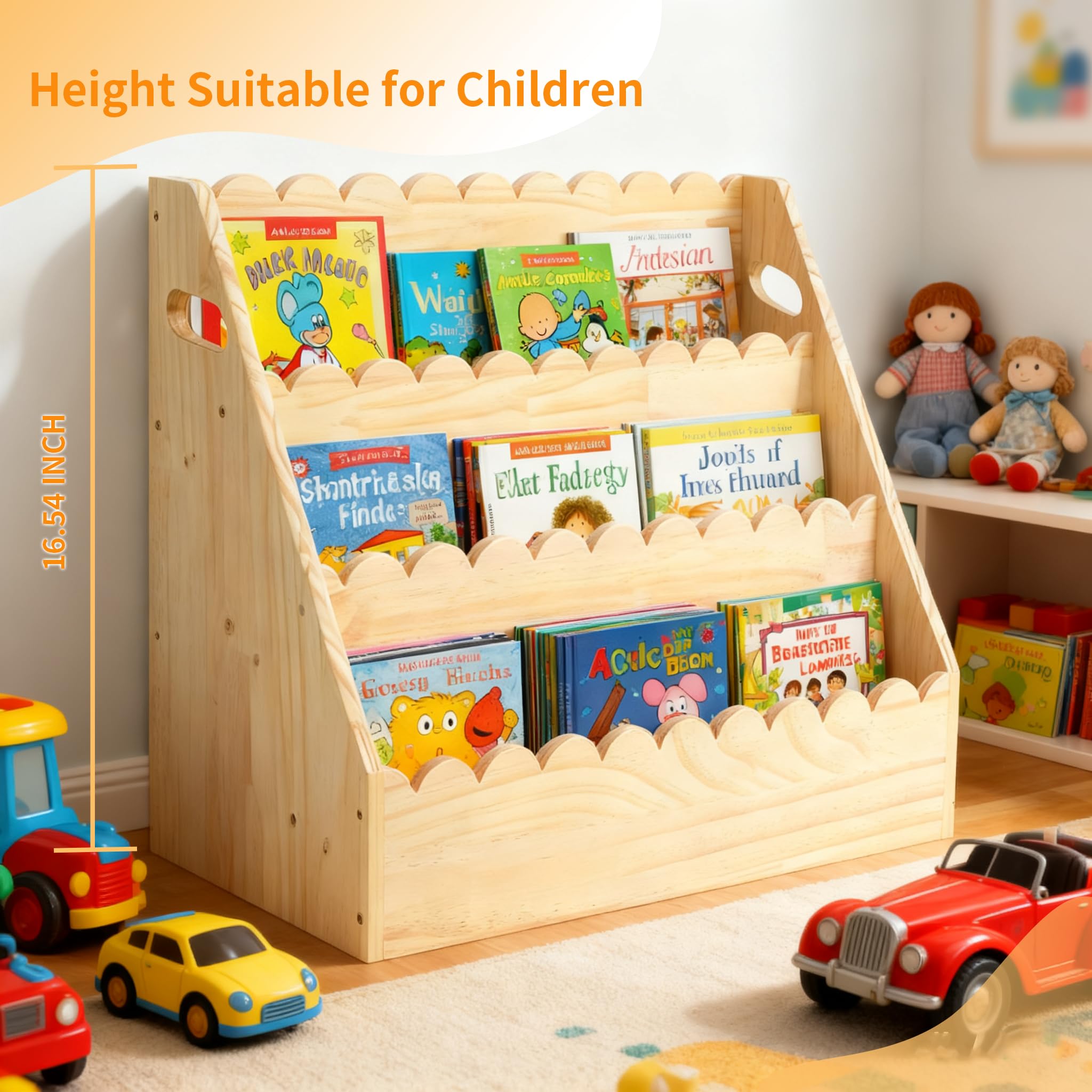 OCMML Kids Bookshelf 3-Tier, Solid Wood Bookcase & Montessori Book Display Rack, Open Front Facing Bookshelves for Toddlers, Children's Room, Nursery, Bedroom, Playroom Organizer (Large)