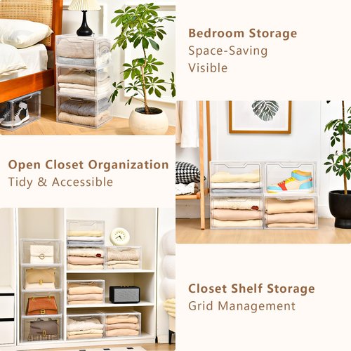 Freebat Closet Organizers and Storage, Acrylic Clear Plastic Storage Bins with Magnetic Door, 8 Pack Storage Containers for Clothes Home Organization Purse Bag Cabinet Display Closet Organizer System