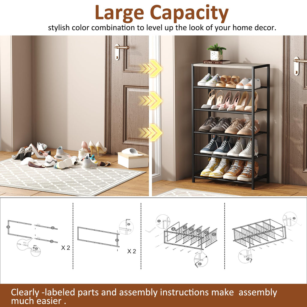 HOMEFORT 6 Tiers Shoe Rack Organizer,23" Shoe Storage Shelf for Closet, Shoe Rack for Entryway, Each Tier Fits 3 Pairs, Shoe Stand with Metal Shelves and MDF Top Board, Washed Gray