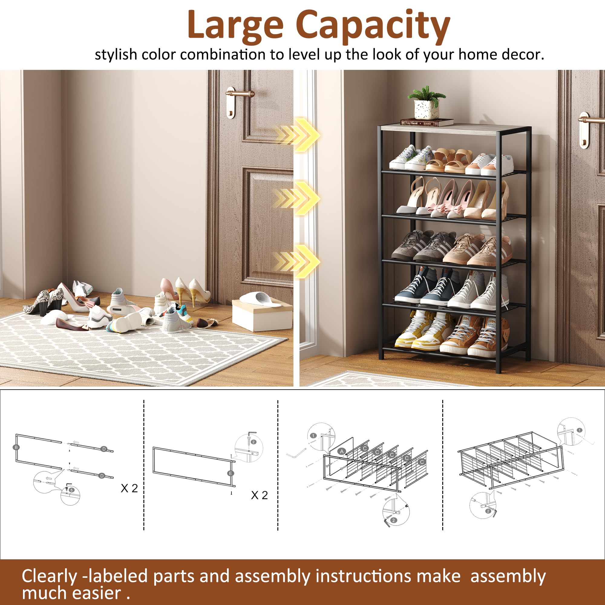 HOMEFORT 6 Tiers Shoe Rack Organizer,23" Shoe Storage Shelf for Closet, Shoe Rack for Entryway, Each Tier Fits 3 Pairs, Shoe Stand with Metal Shelves and MDF Top Board, Washed Gray