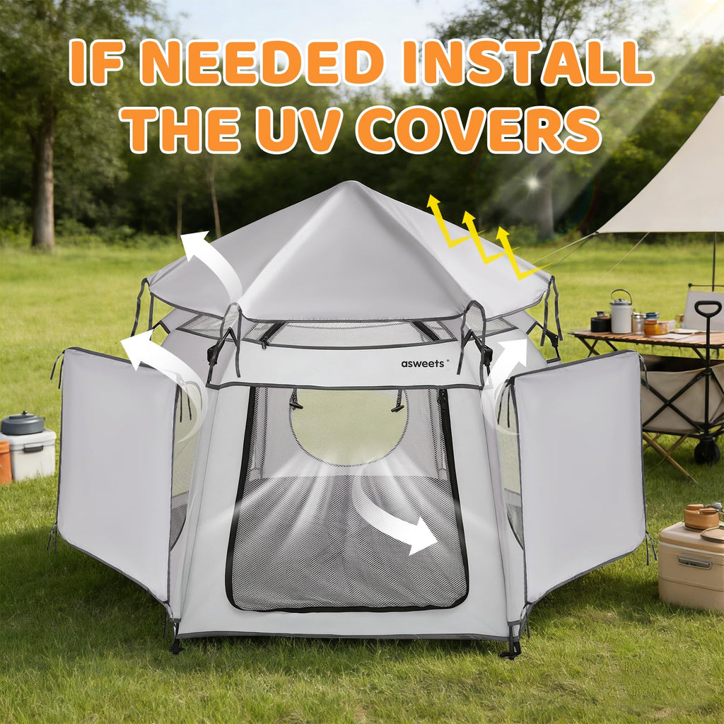 Asweets 4 in 1 Pop Up Playpen Indoor and Outdoor Portable, Lightweight Baby Playpen with Travel Bag,Baby Beach Tent and Play Toddler Play Yard Canopy(Light Grey)