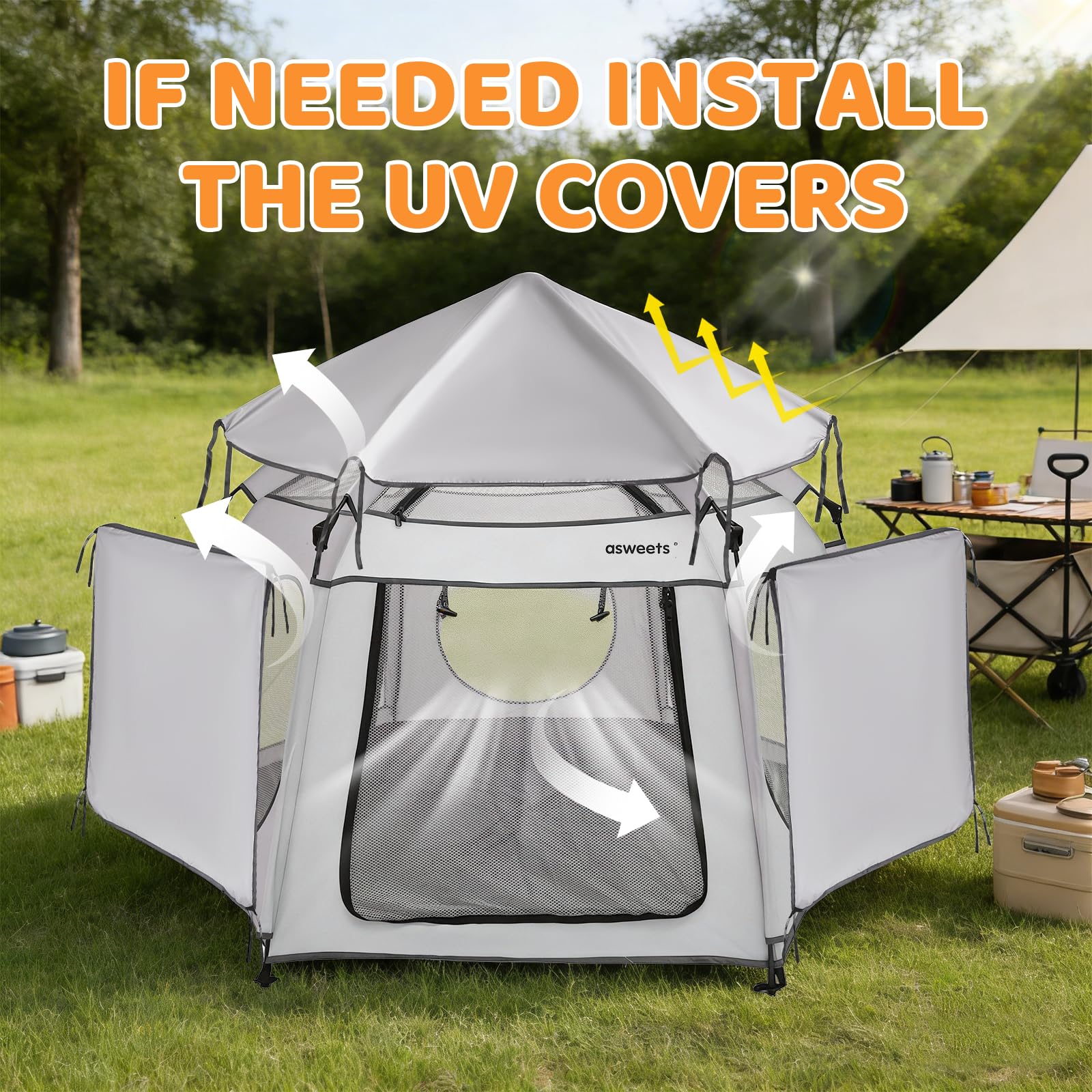 Asweets 4 in 1 Pop Up Playpen Indoor and Outdoor Portable, Lightweight Baby Playpen with Travel Bag,Baby Beach Tent and Play Toddler Play Yard Canopy(Light Grey)