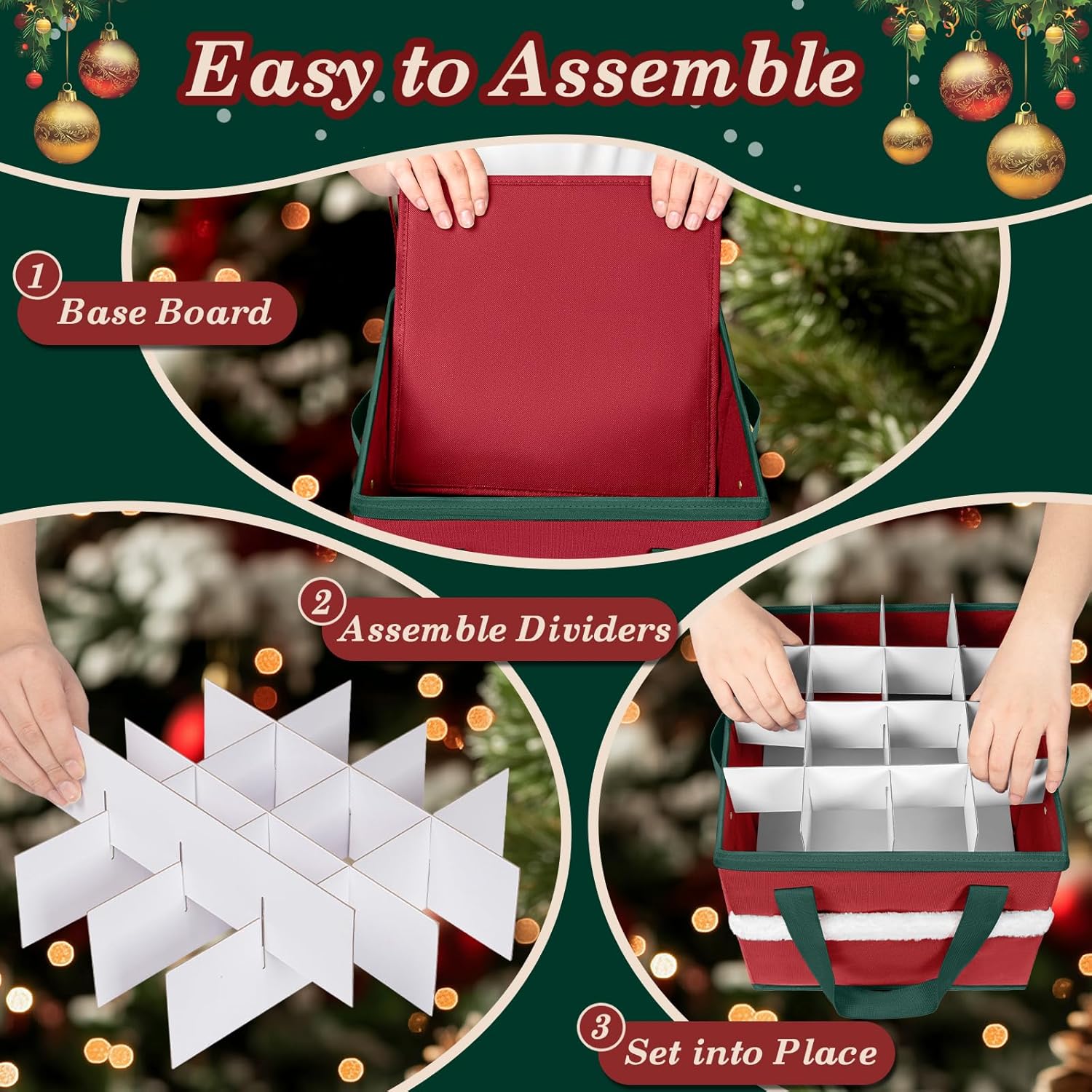 Skiennix Christmas Ornament Storage Box - Adjustable Dividers & Zippered Top | Holds 64 Ornaments (3 Inch)