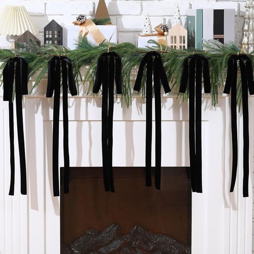 Janinka Black Velvet Ribbon Bows - 6 Pcs Rustic Christmas Tree Decorations | Large 23.5x15.5 Inch Ornaments