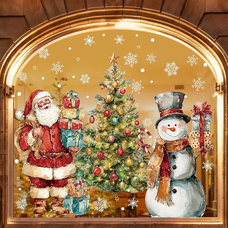 Santa & Snowman Watercolor Window Clings – 3 Sheets Large 15.7 x 31.5 in, Reusable Xmas Window Decals (Variation: Santa and Snowman)