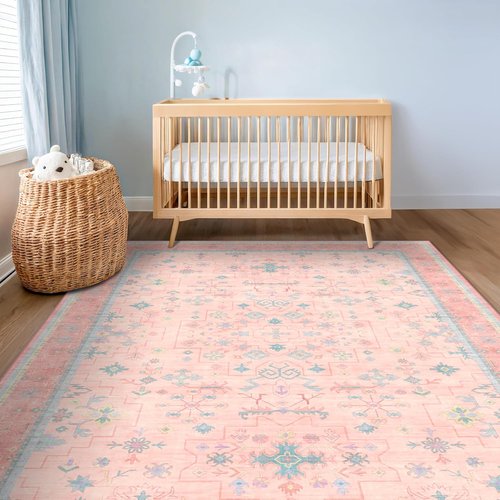 Hazo Haus Washable 5x8 Boho Aesthetic Area Rug - Pink & Blue Vintage Design for Living Room, Nursery, Kids Playroom | Non-Slip Rubber Backing, Stain Resistant