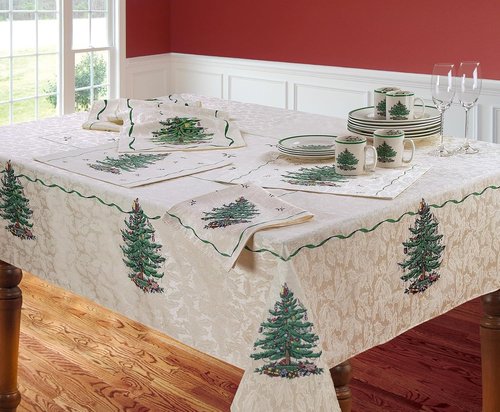 Spode - Fabric Tablecloth, Kitchen Table Accessories, Holiday Home Decor (Spode Christmas Tree Collection, 60" x 144")