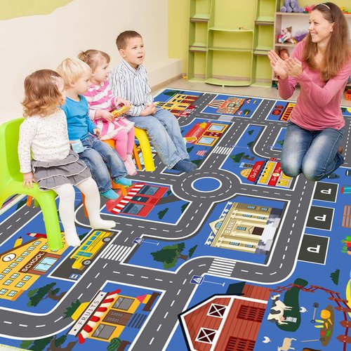 Xyrjova Play Mat Kids Rug for Boys and Girls, 31x47in Non-Slip Playroom Rug Car Rugs for Kids Toy Cars Kid Classroom Road Rugs for Kid