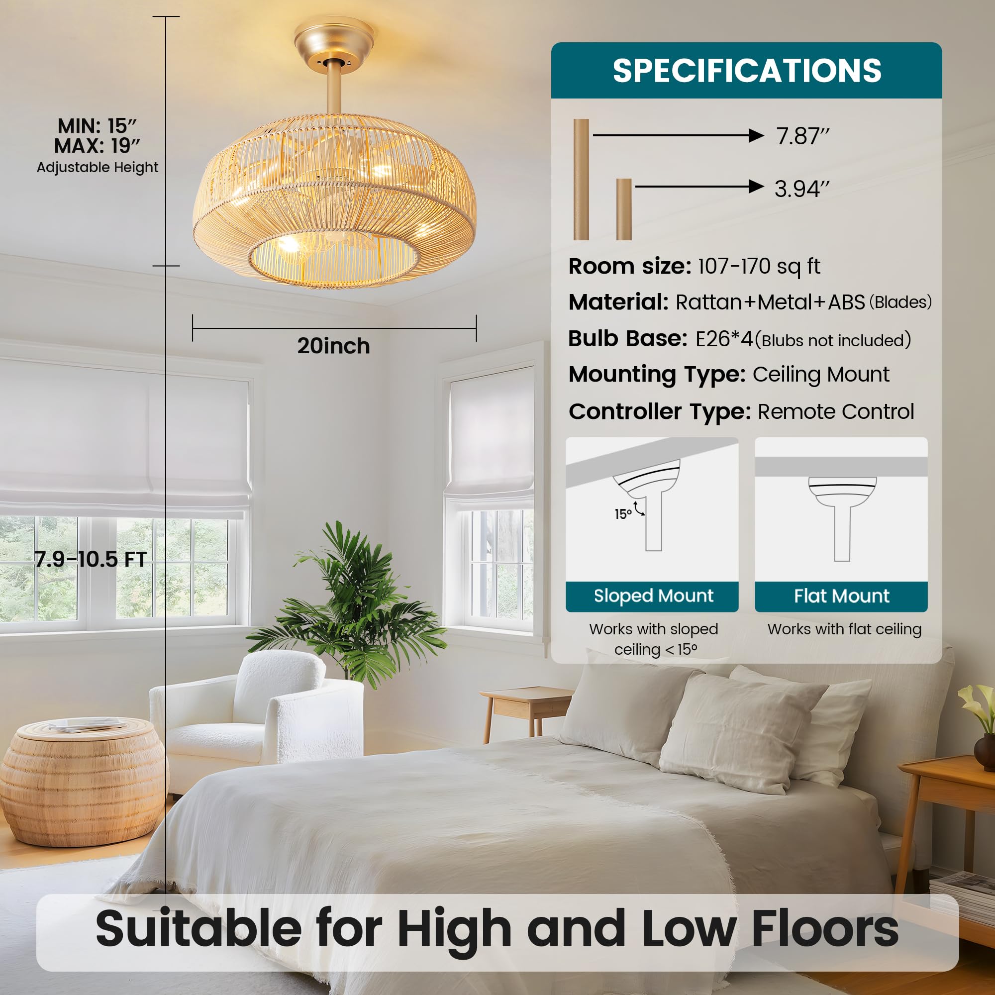 mnikopE 20" Boho Rattan Ceiling Fan with Lights, Flush Mount Caged Ceiling Fan 6 Speed, Timing, Reversible Blades Enclosed Farmhouse Fan Lights for Bedroom, Kitchen