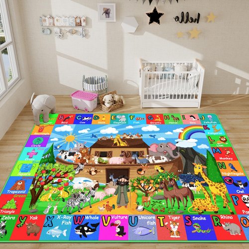DINSUMRUG ABC Kids Rug for Playroom 59×39.4 in Noah's Ark Animals Rug Baby Play Mat Alphabet Mat Shape Color Classroom Carpet Kids Playroom Early Learning Carpet for Preschool Toddlers Tummy Time