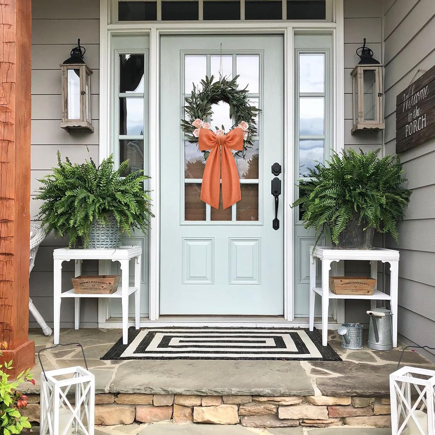 Skiennix Orange Wreath Sash - 2 Pcs Linen Ribbon Bow for Fall Yard & Porch Decor