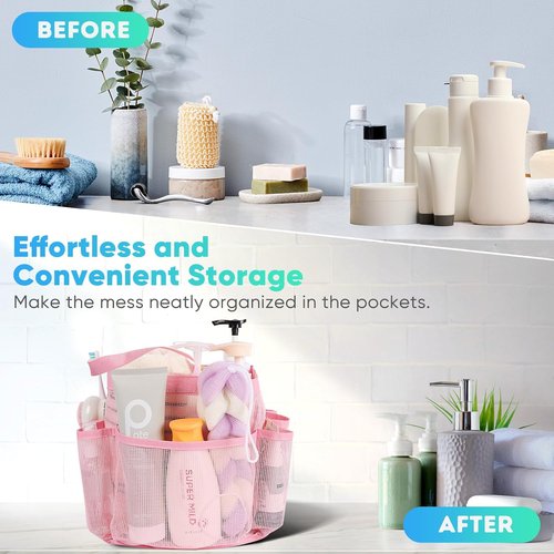 EUDELE Mesh Shower Caddy - Portable 8-Pocket Organizer for College Dorms, Beach & Travel - Pink