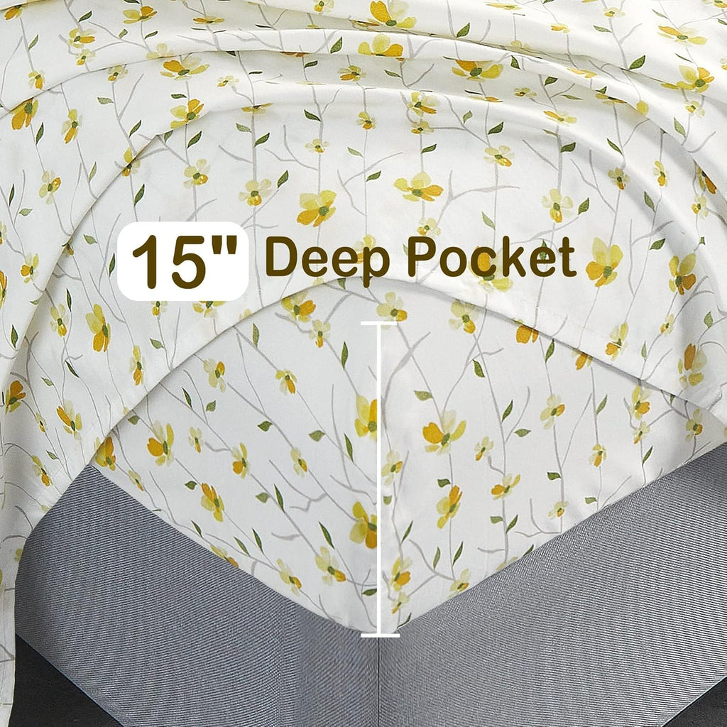 Softan Queen Size Floral Bed Sheets - 4-Piece Microfiber Set with 15" Deep Pockets & Corner Straps
