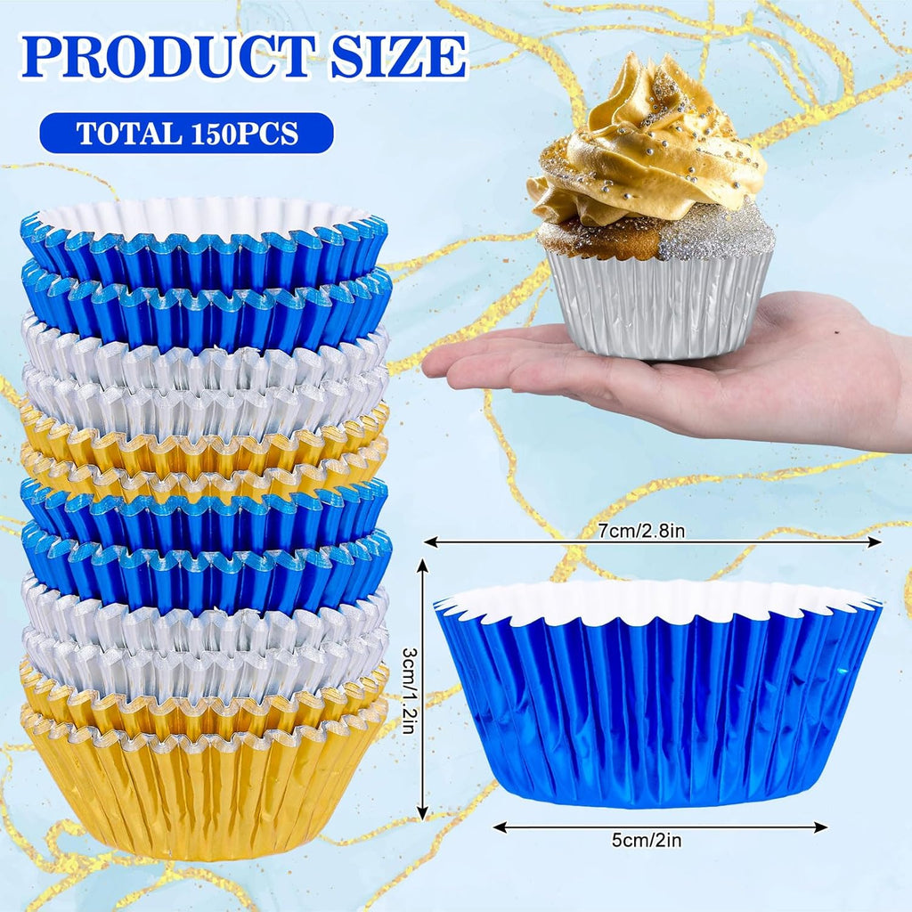 Whaline Graduation Cupcake Liners - 150Pcs Blue, Silver & Gold Foil Baking Cups for Party Celebrations